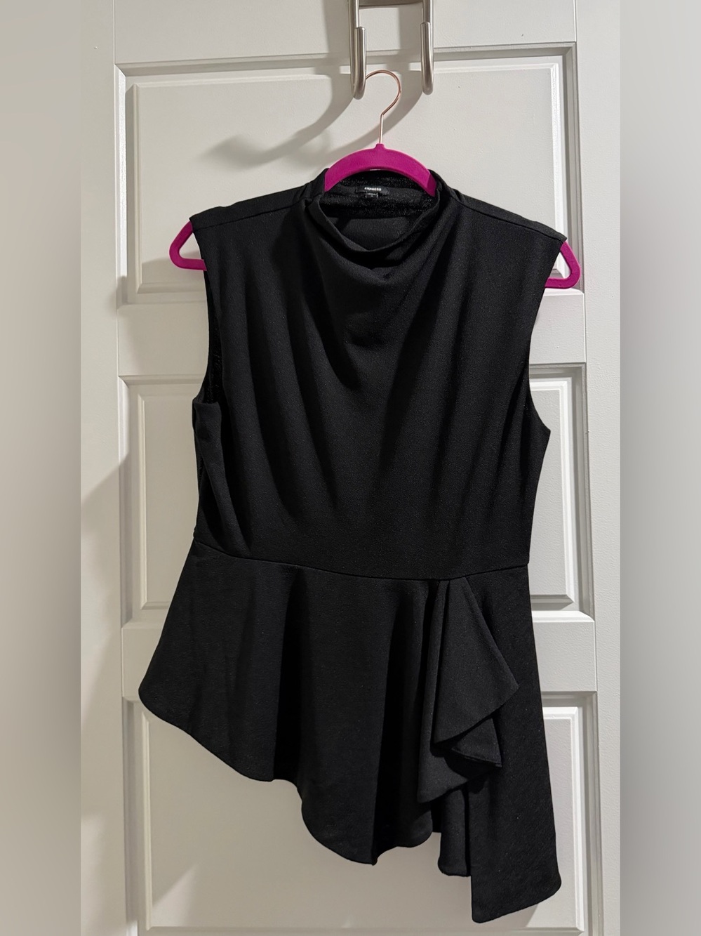 Express Black Sleeveless Peplum Top with Draped Neck